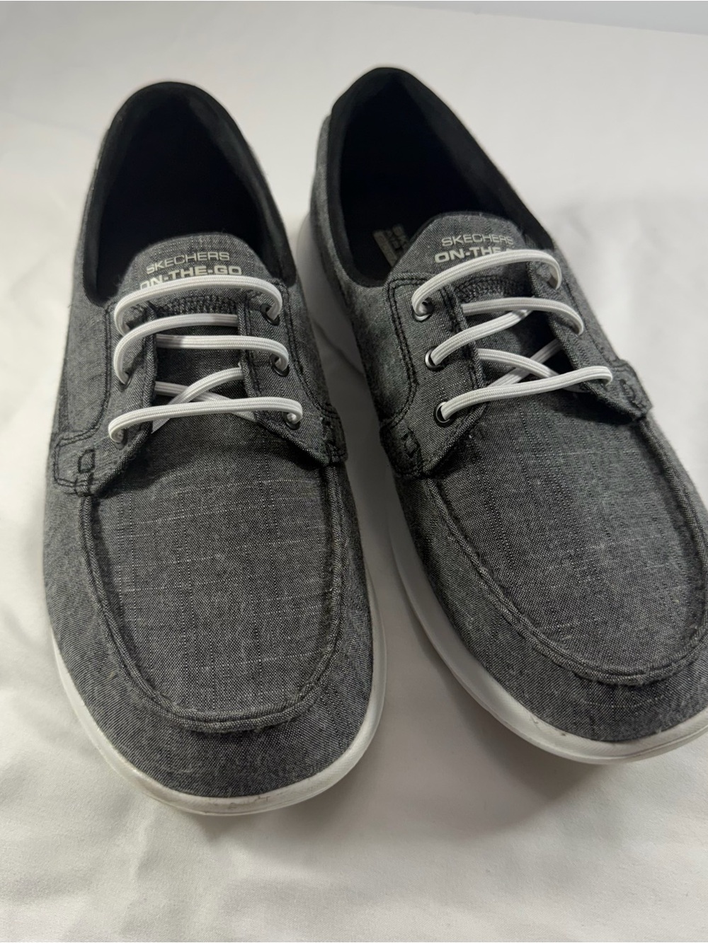 Skechers Women’s Charcoal Gray Canvas Boat Shoes with White Trim